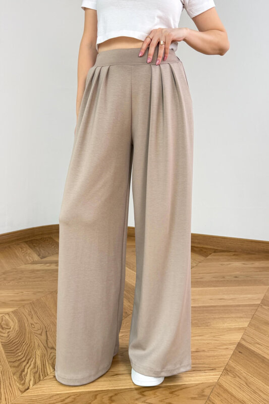 PNT-07429 Taş Rengi Üçlü Piliseli Yüksek Bel Modal Pantolon - 1