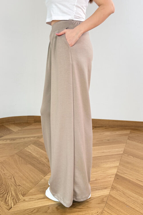 PNT-07429 Taş Rengi Üçlü Piliseli Yüksek Bel Modal Pantolon - 4