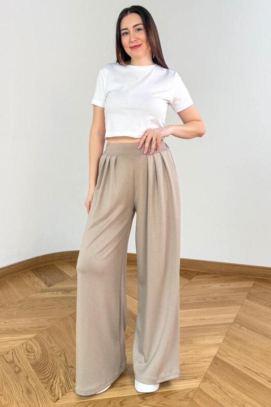 PNT-07429 Taş Rengi Üçlü Piliseli Yüksek Bel Modal Pantolon - 2
