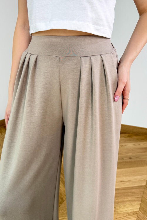 PNT-07429 Taş Rengi Üçlü Piliseli Yüksek Bel Modal Pantolon - 3