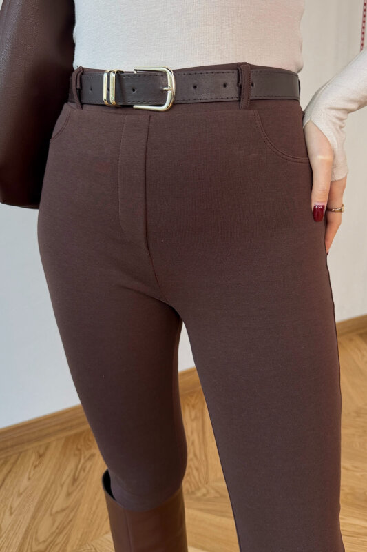 PNT-0792 Kahverengi Kemerli Likralı Slim Fit Tayt Pantolon - 3