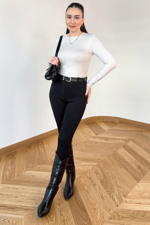 PNT-0792 Siyah Kemerli Likralı Slim Fit Tayt Pantolon - 1