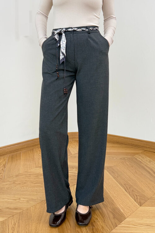 PNT-1793 Füme Fular Kemer Detaylı Poliviskon Pantolon 