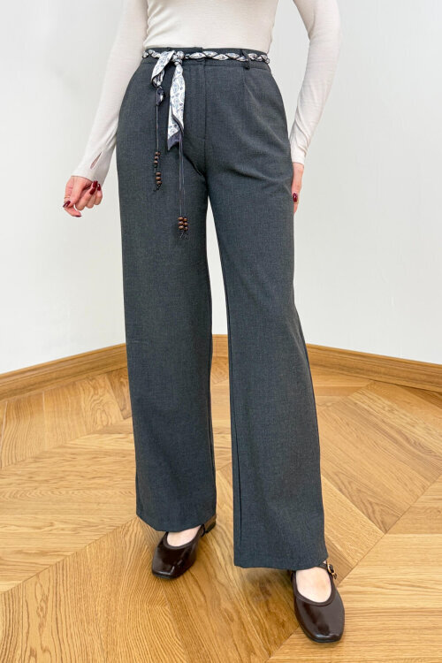 PNT-1793 Füme Fular Kemer Detaylı Poliviskon Pantolon - 5