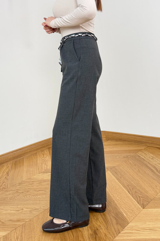 PNT-1793 Füme Fular Kemer Detaylı Poliviskon Pantolon - 3