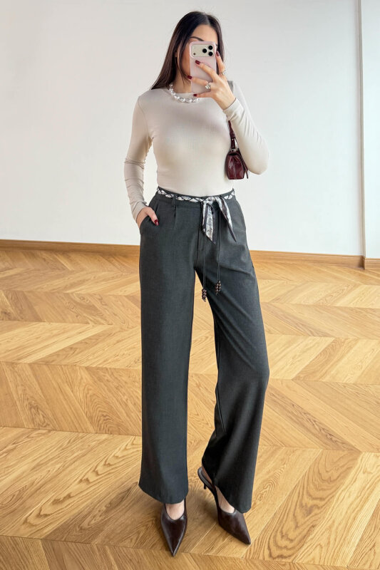 PNT-1793 Füme Fular Kemer Detaylı Poliviskon Pantolon - 6