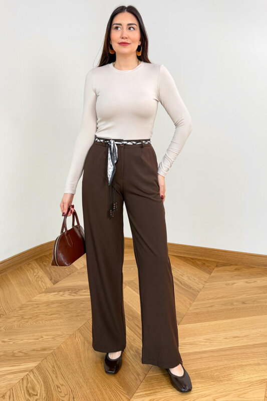 PNT-1793 Kahverengi Fular Kemer Detaylı Poliviskon Pantolon - 2