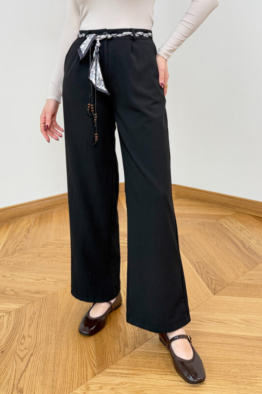 PNT-1793 Siyah Fular Kemer Detaylı Poliviskon Pantolon - 1