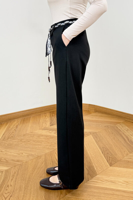 PNT-1793 Siyah Fular Kemer Detaylı Poliviskon Pantolon - 3