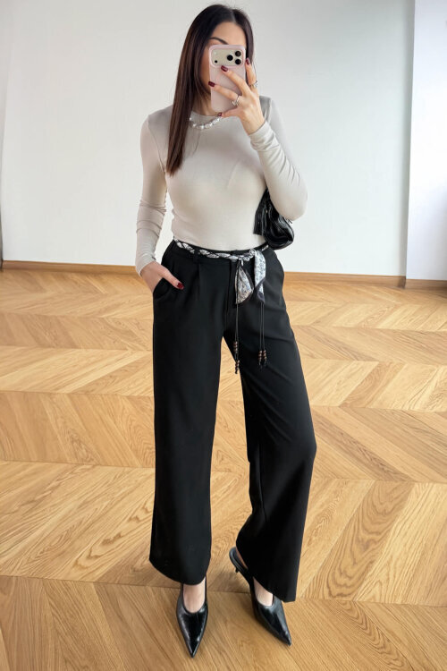 PNT-1793 Siyah Fular Kemer Detaylı Poliviskon Pantolon - 5