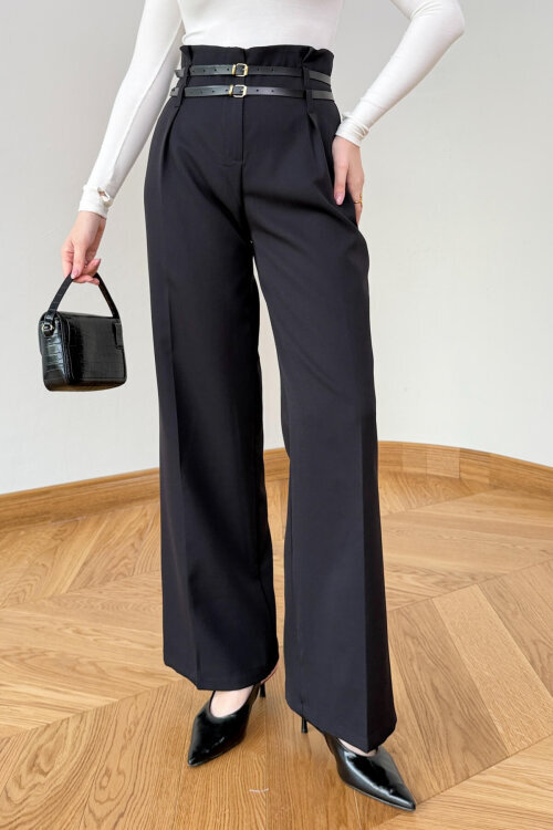 PNT-386 Siyah Kemer Detaylı Pensli Klasik Kesim Pantolon