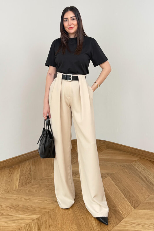 PNT-397 Krem Kemer Detaylı Pensli Yüksek Bel Pantolon - 4