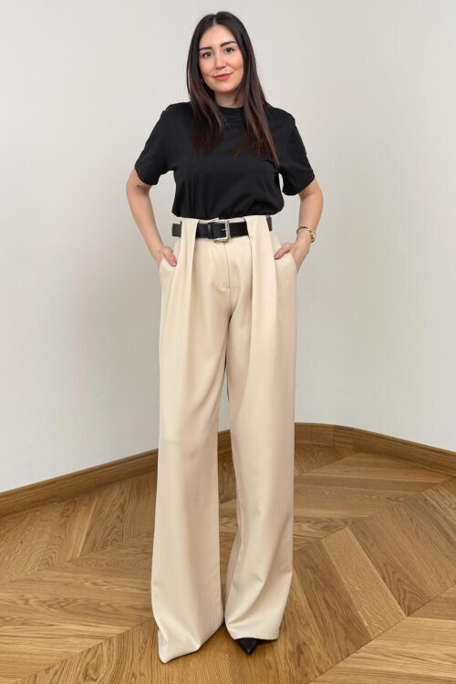 PNT-397 Krem Kemer Detaylı Pensli Yüksek Bel Pantolon - 5