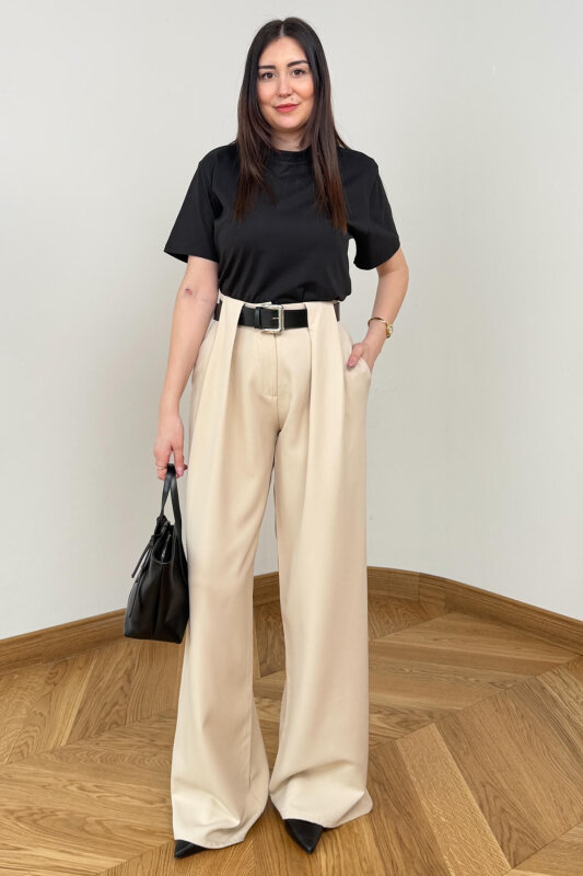 PNT-397 Krem Kemer Detaylı Pensli Yüksek Bel Pantolon - 6