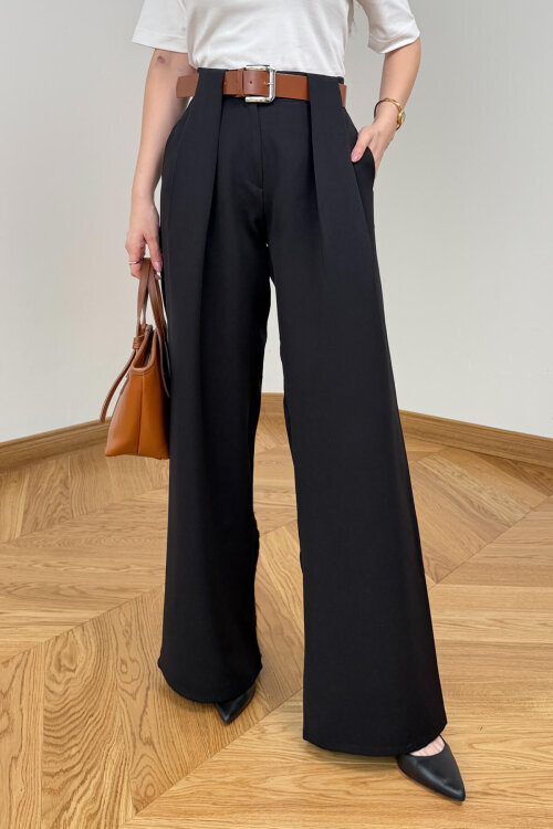 PNT-397 Siyah Kemer Detaylı Pensli Yüksek Bel Pantolon - 2