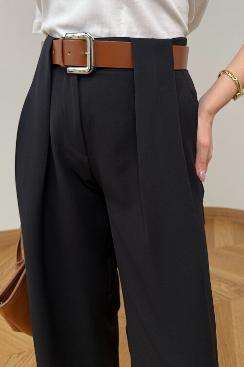 PNT-397 Siyah Kemer Detaylı Pensli Yüksek Bel Pantolon - 3