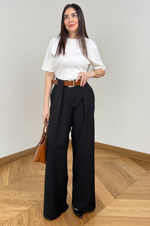 PNT-397 Siyah Kemer Detaylı Pensli Yüksek Bel Pantolon - 1