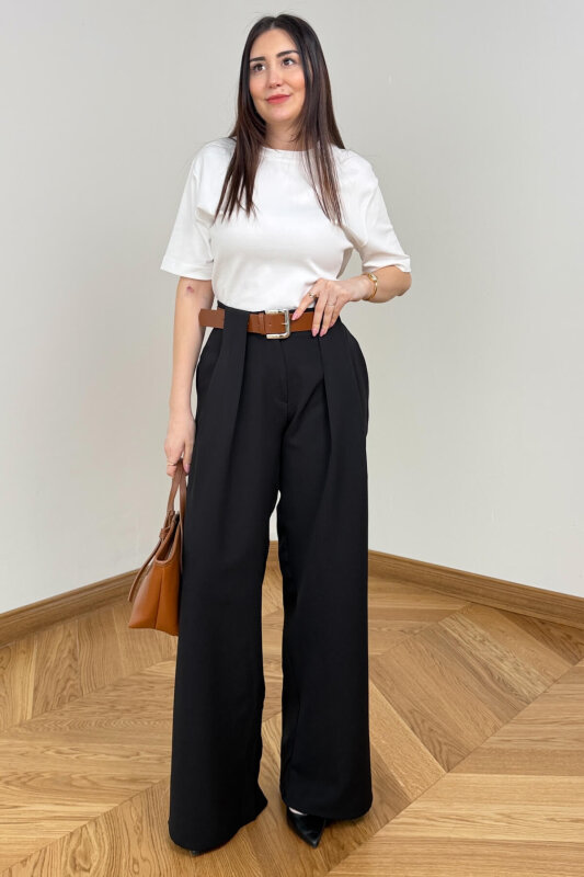 PNT-397 Siyah Kemer Detaylı Pensli Yüksek Bel Pantolon - 1