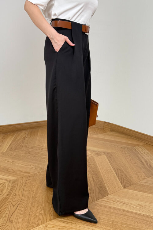 PNT-397 Siyah Kemer Detaylı Pensli Yüksek Bel Pantolon - 5