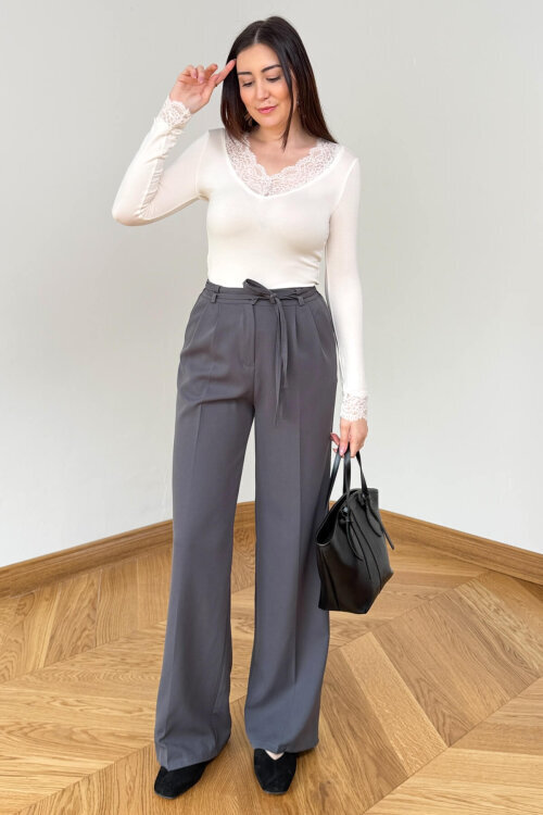 PNT-399 Füme Bağlama Detaylı Double Atlas Palazzo Pantolon - 4