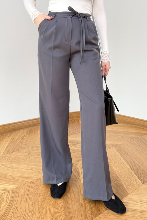 PNT-399 Füme Bağlama Detaylı Double Atlas Palazzo Pantolon - 2