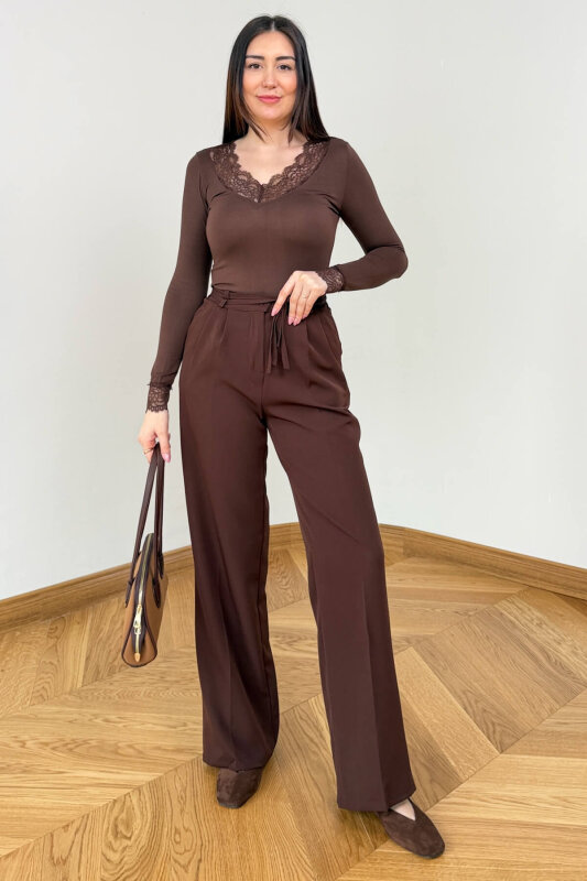 PNT-399 Kahverengi Bağlama Detaylı Double Atlas Palazzo Pantolon - 3