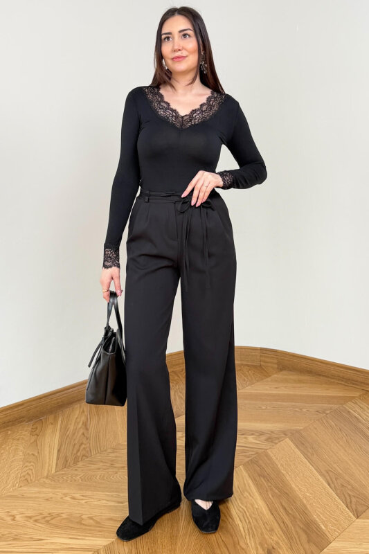 PNT-399 Siyah Bağlama Detaylı Double Atlas Palazzo Pantolon - 3