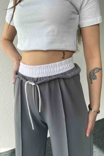 PNT-7382 Gri Çimalı Bel Lastikli Krep Kumaş Pantolon - 2