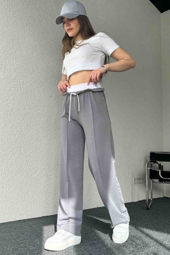PNT-7382 Gri Çimalı Bel Lastikli Krep Kumaş Pantolon - 1