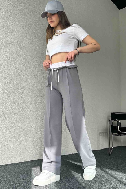 PNT-7382 Gri Çimalı Bel Lastikli Krep Kumaş Pantolon - 1