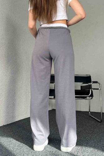 PNT-7382 Gri Çimalı Bel Lastikli Krep Kumaş Pantolon - 6