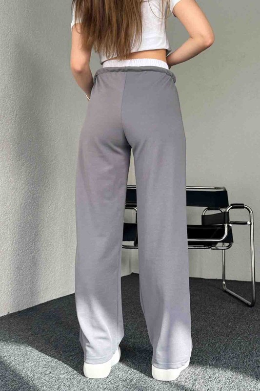 PNT-7382 Gri Çimalı Bel Lastikli Krep Kumaş Pantolon - 6