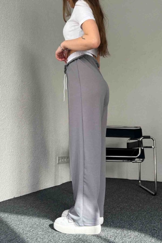 PNT-7382 Gri Çimalı Bel Lastikli Krep Kumaş Pantolon - 4