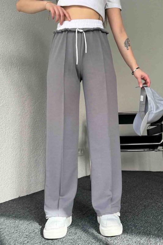 PNT-7382 Gri Çimalı Bel Lastikli Krep Kumaş Pantolon - 5