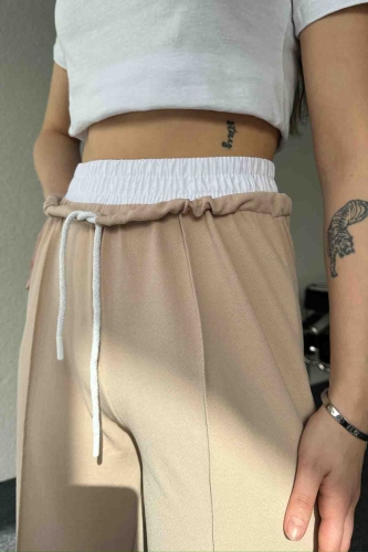 PNT-7382 Krem Çimalı Bel Lastikli Krep Kumaş Pantolon - 2