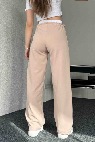 PNT-7382 Krem Çimalı Bel Lastikli Krep Kumaş Pantolon - 6