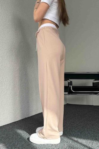 PNT-7382 Krem Çimalı Bel Lastikli Krep Kumaş Pantolon - 4