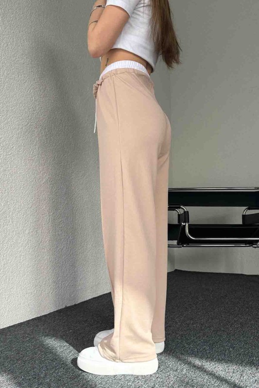 PNT-7382 Krem Çimalı Bel Lastikli Krep Kumaş Pantolon - 4