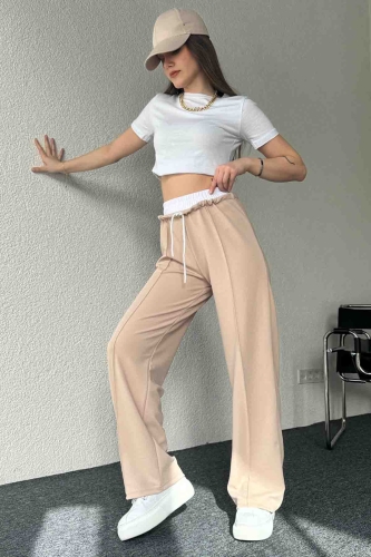 PNT-7382 Krem Çimalı Bel Lastikli Krep Kumaş Pantolon - 1