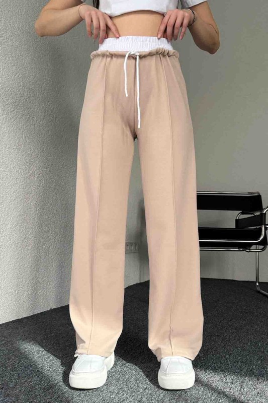 PNT-7382 Krem Çimalı Bel Lastikli Krep Kumaş Pantolon - 3