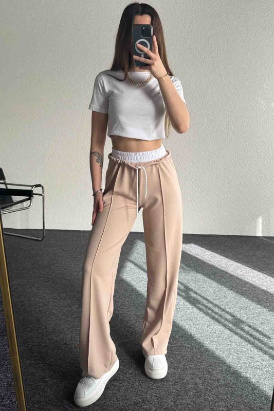 PNT-7382 Krem Çimalı Bel Lastikli Krep Kumaş Pantolon - 5