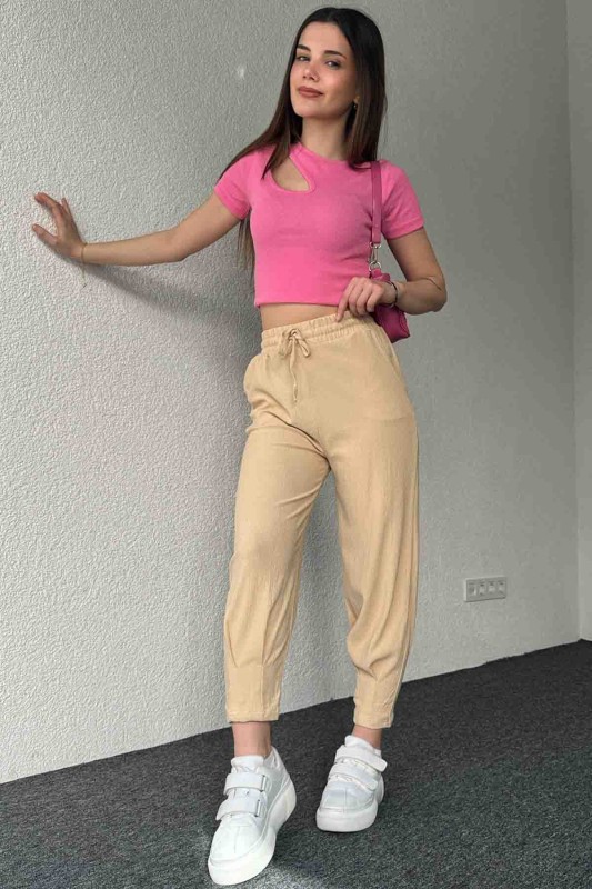 PNT-7384 Bej Gofre Kumaş Pens Detaylı Şalvar Pantolon - 3