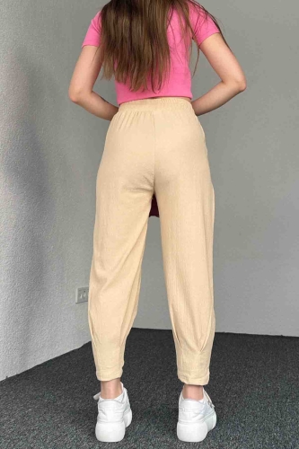PNT-7384 Bej Gofre Kumaş Pens Detaylı Şalvar Pantolon - 6
