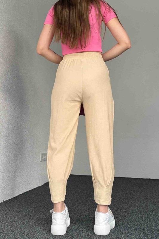 PNT-7384 Bej Gofre Kumaş Pens Detaylı Şalvar Pantolon - 6