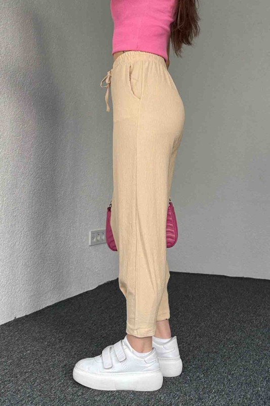 PNT-7384 Bej Gofre Kumaş Pens Detaylı Şalvar Pantolon - 4