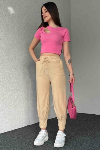 PNT-7384 Bej Gofre Kumaş Pens Detaylı Şalvar Pantolon - 5