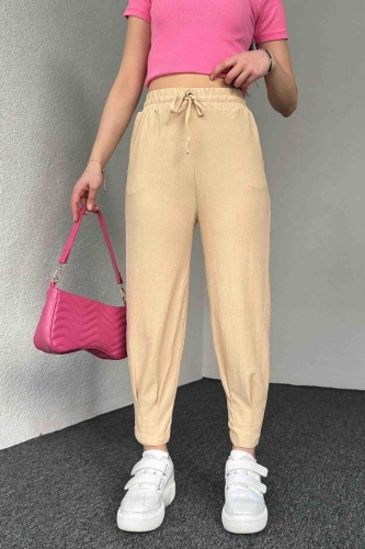 PNT-7384 Bej Gofre Kumaş Pens Detaylı Şalvar Pantolon