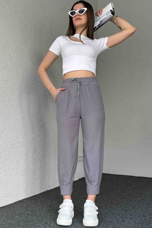 PNT-7384 Boyama Gri Gofre Kumaş Pens Detaylı Şalvar Pantolon - 2