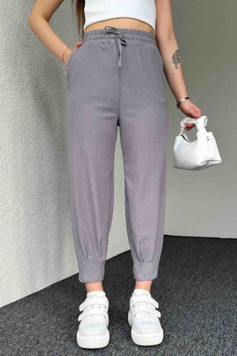 PNT-7384 Boyama Gri Gofre Kumaş Pens Detaylı Şalvar Pantolon - 1