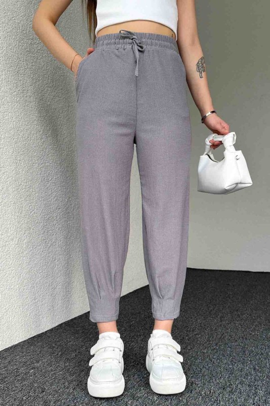 PNT-7384 Boyama Gri Gofre Kumaş Pens Detaylı Şalvar Pantolon - 1